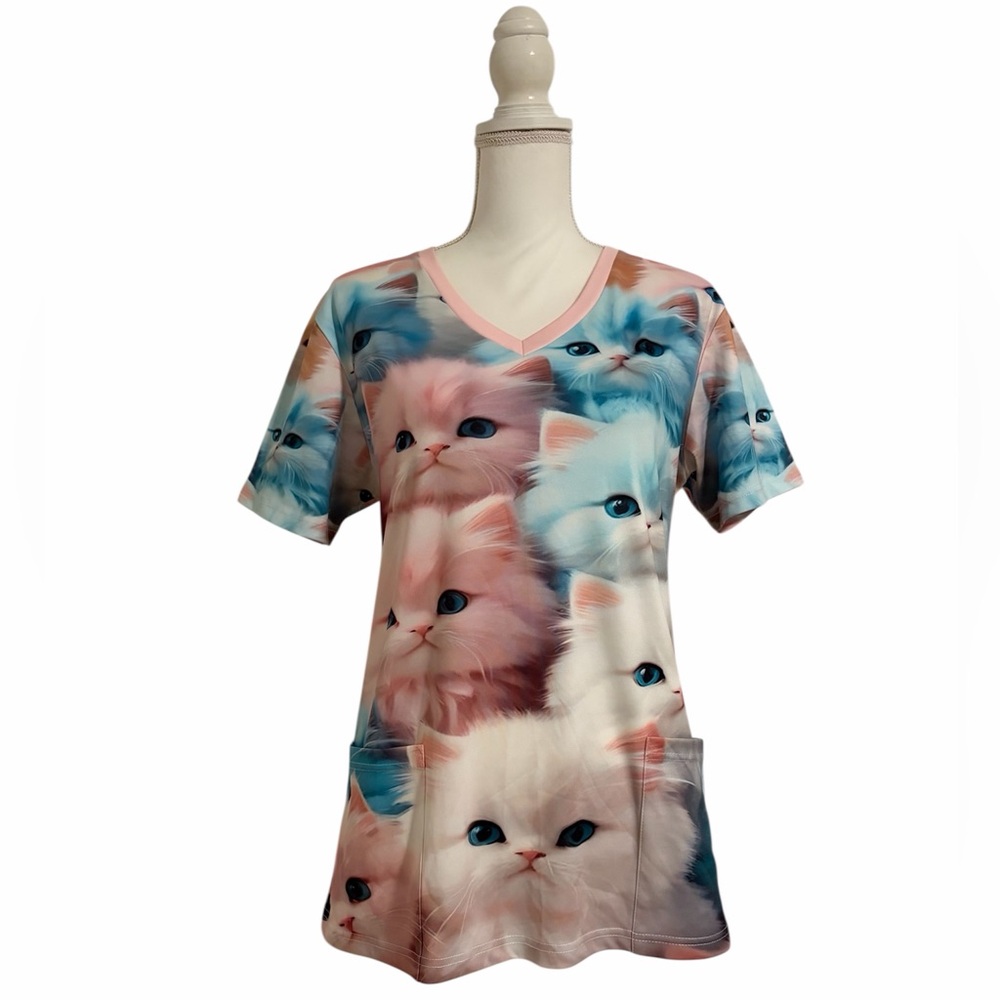 Pink & Blue Cat Print V-Neck Nursing Medical Scrub Top Women’s Medium